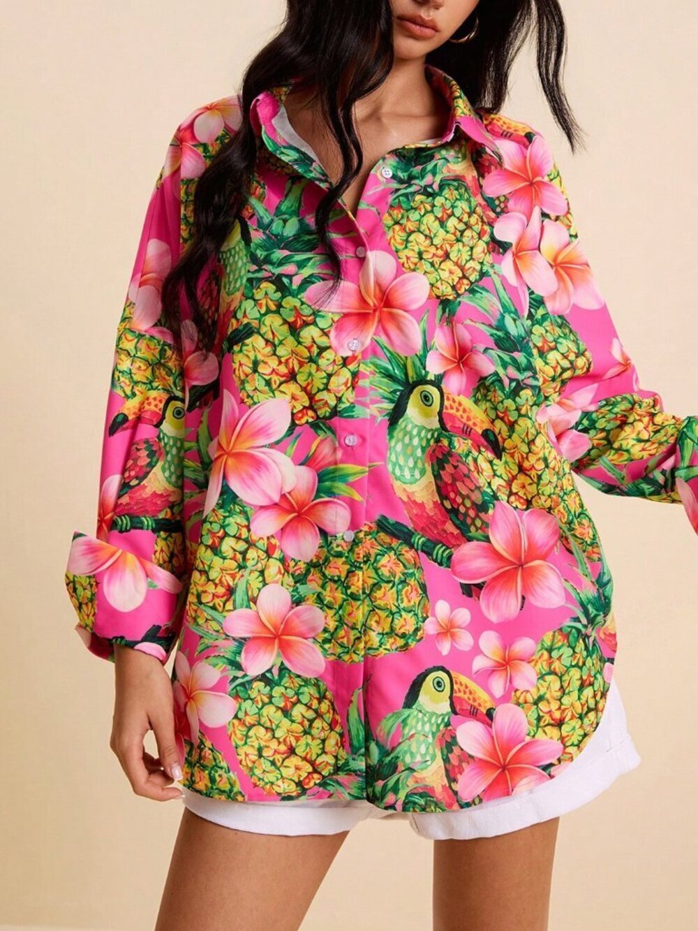 Multicolor Boho Women's Tropical Loose Fit Floral Pineapple Shirt - Picture 4 of 8
